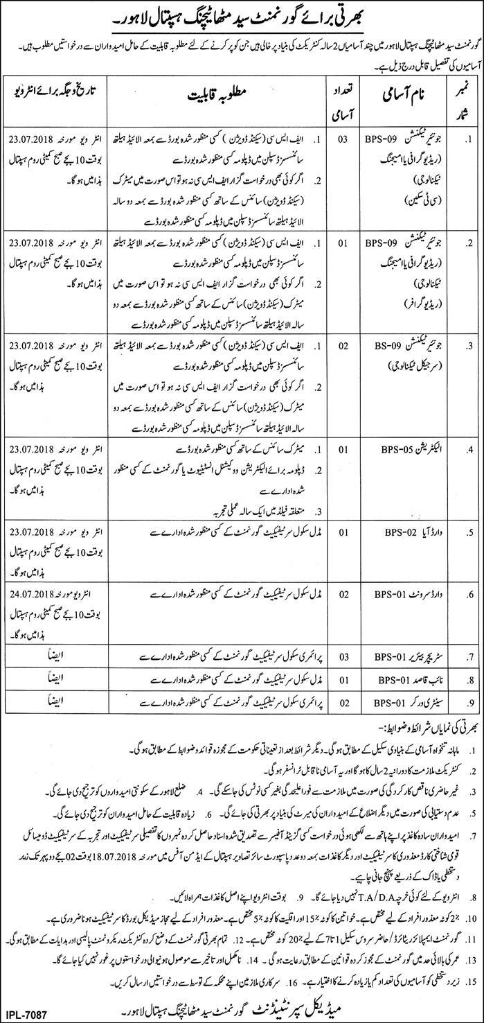 Jobs in Govt Saed Mitha Teaching Hospital Lahore 07 July 2018