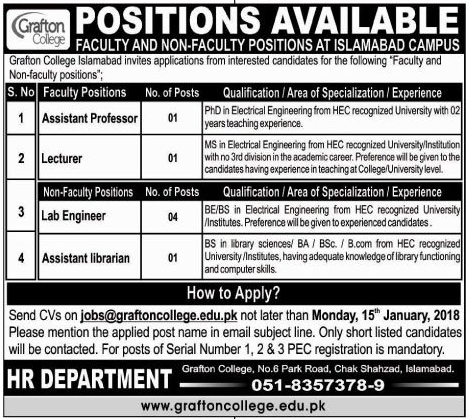 Jobs In Grafton College Islamabad 05 Jan 2018
