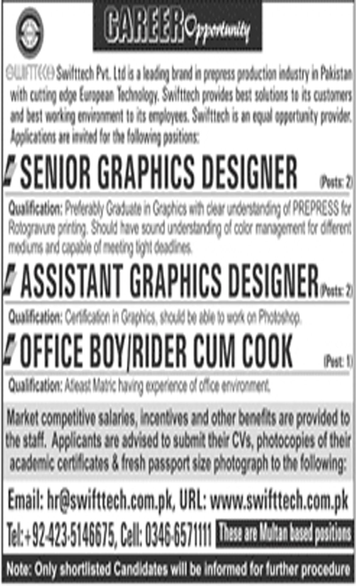 jobs In Graphic Designer, Asst Graphic Designer, Office Boy Required In Multan  2018