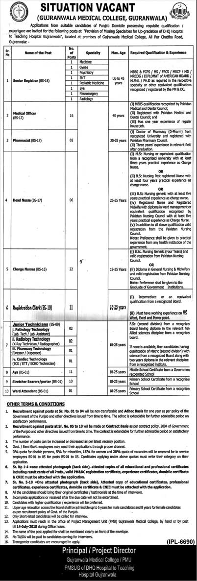 Jobs in Gujranwala Medical College 28 June 2018
