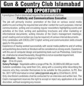 Jobs In Gun & Country Club Islamabad 13 Mar 2018