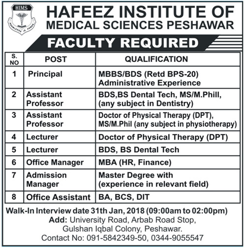 Jobs In Hafeez Institute Of Medical Sciences 29 Jan 2018