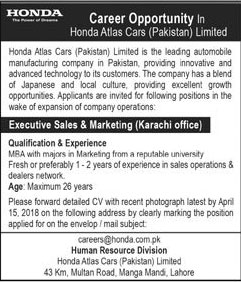 Jobs in Honda Atlas Cars Pakistan Limited 08 April 2018