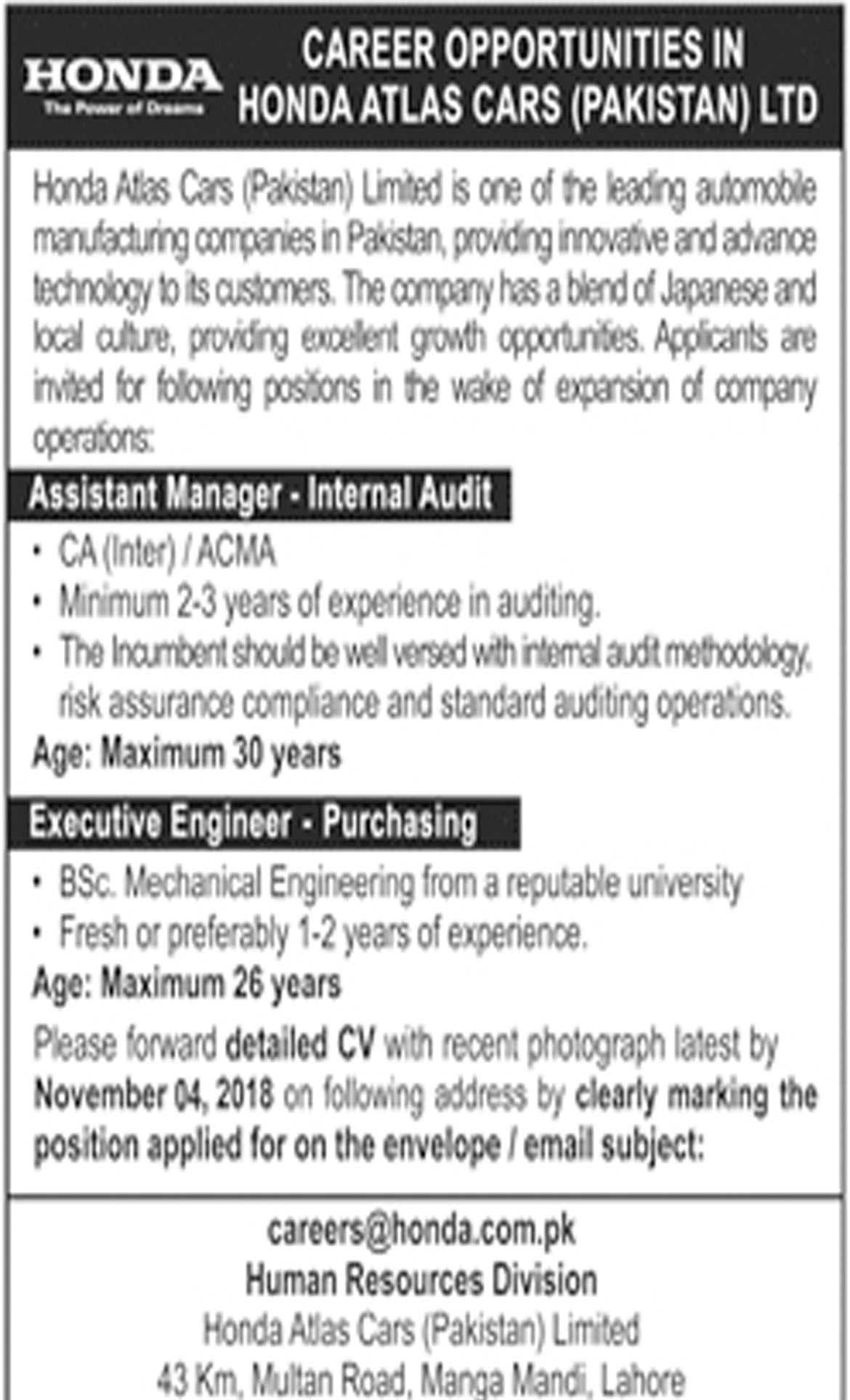Jobs In Honda Atlas Cars Pakistan Limited 29 Oct 2018