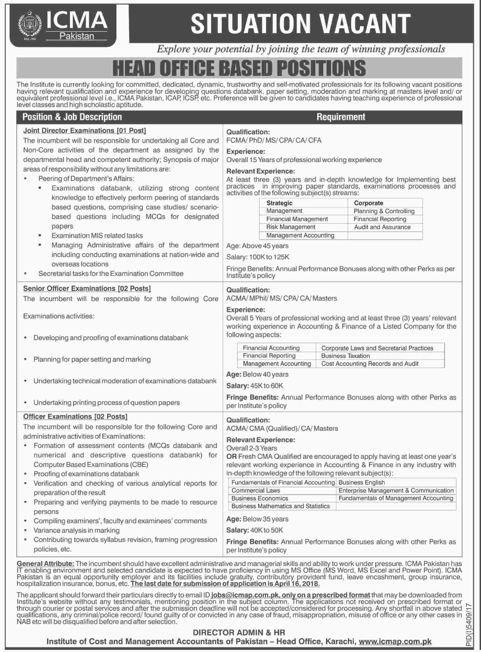Jobs in ICMA Pakistan 01 April 2018