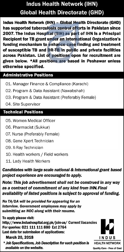 Jobs in Indus Health Network 11 March 2018