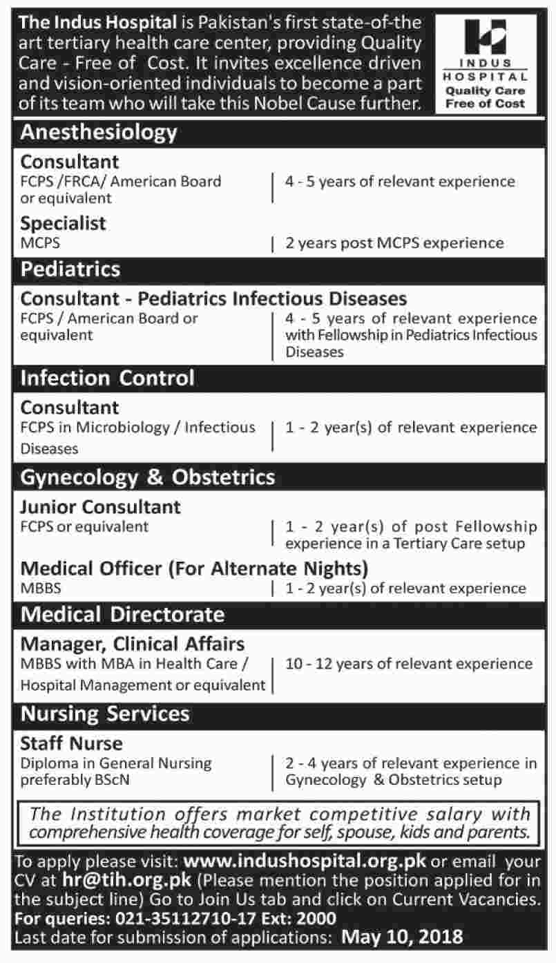 Jobs in Indus Hospital 29 April 2018