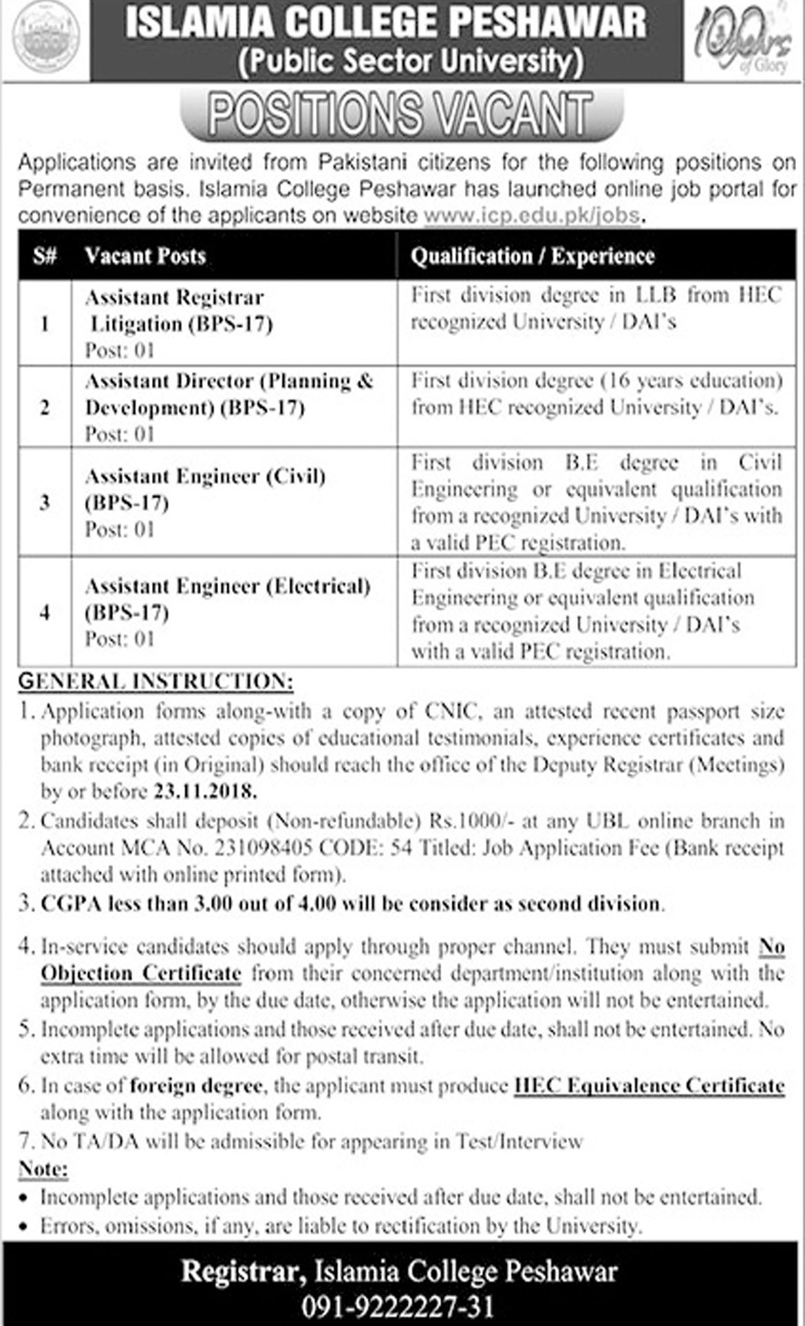 Jobs In Islamia College Peshawar 08 Nov 2018