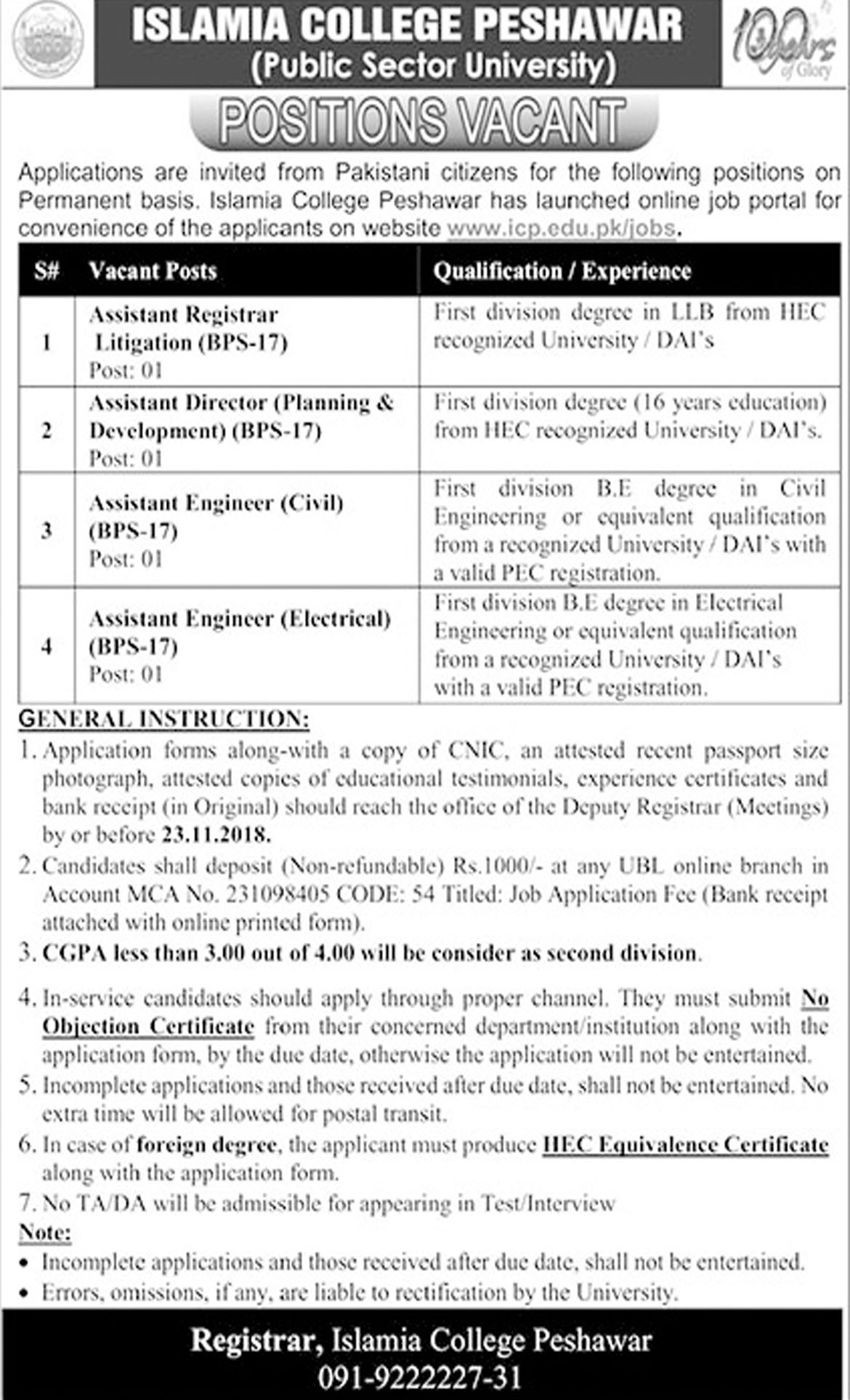 Jobs In Islamia College Peshawar 09 Nov 2018