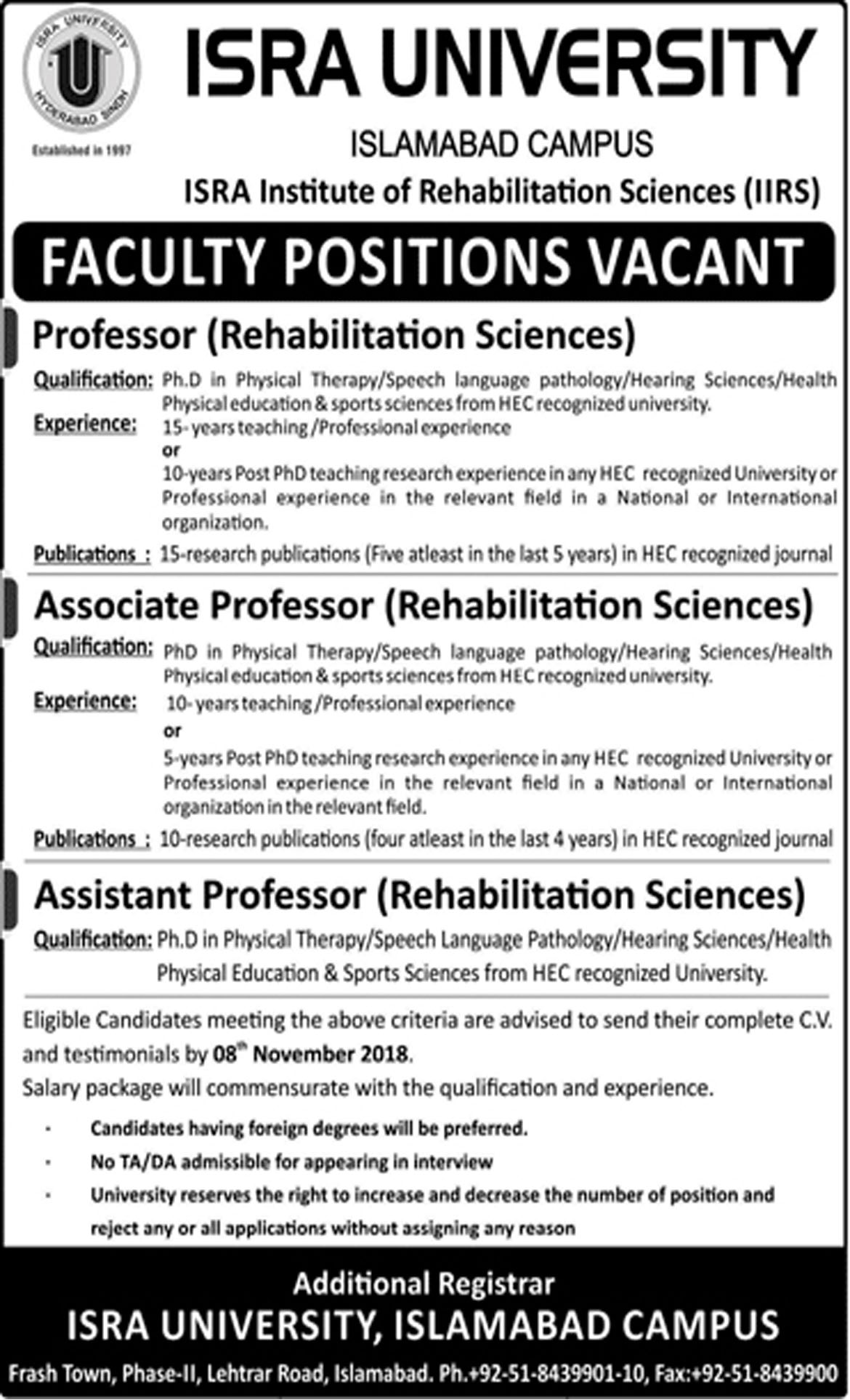 Jobs In Isra University Islamabad 29 Oct 2018
