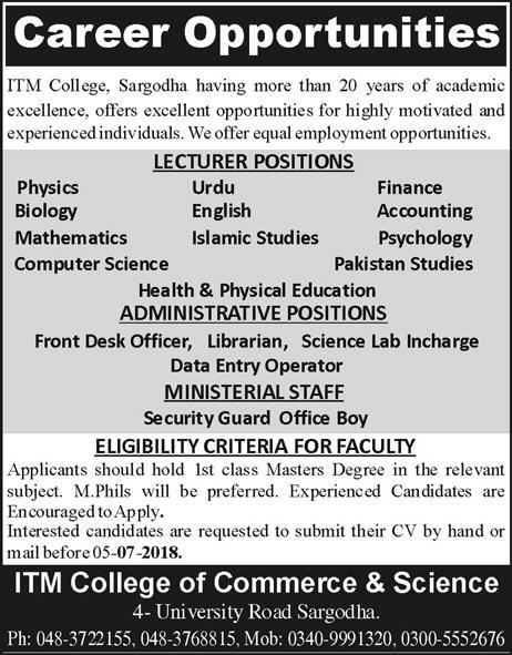 Jobs in ITM College Sargodha 29 June 2018