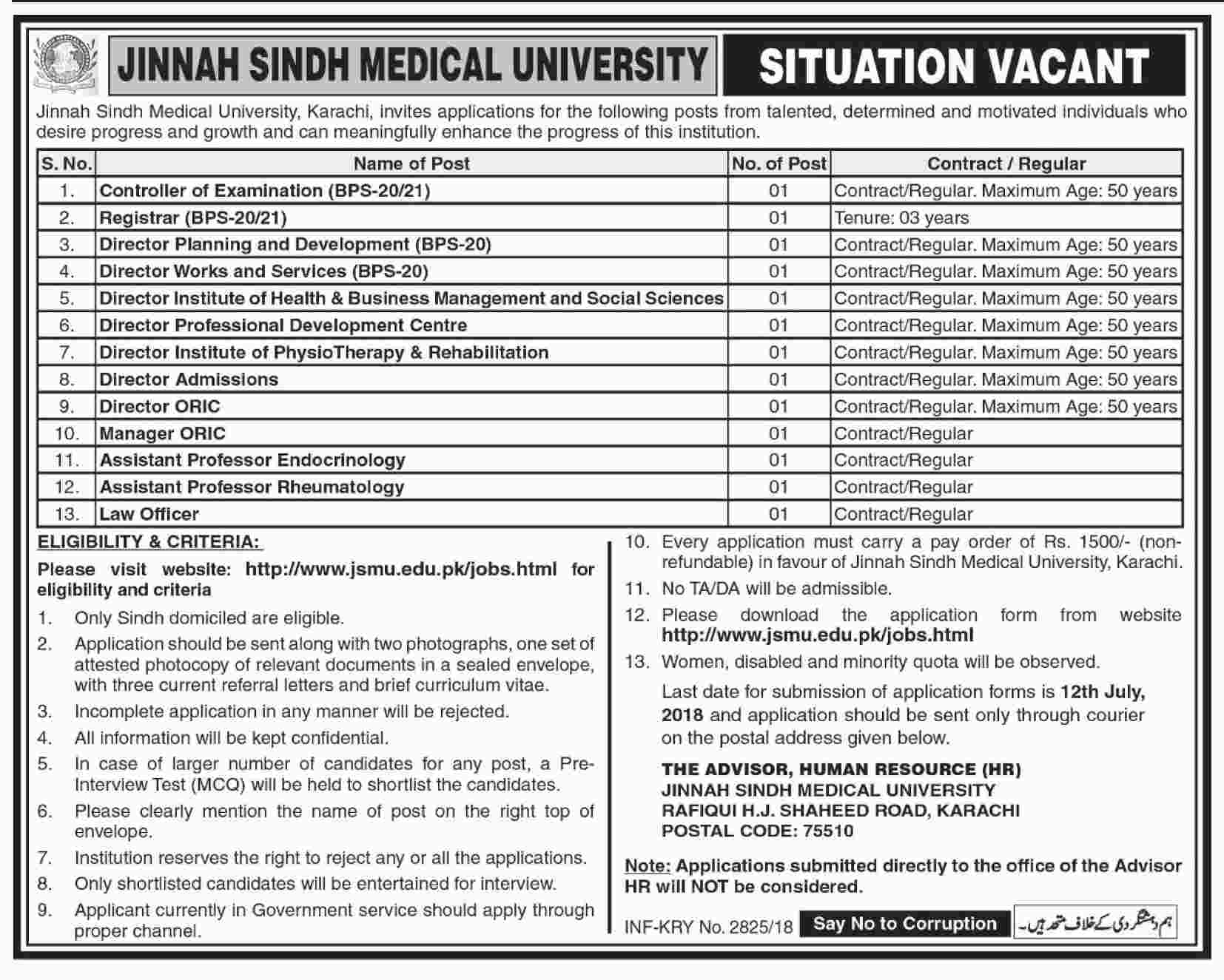 Jobs in Jinnah Medical University 26 June 2018
