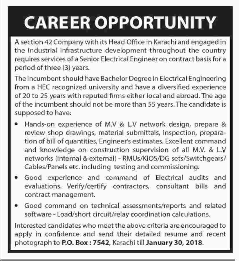 Jobs In Karachi As Senior Electrical Engineer 30 Jan 2018