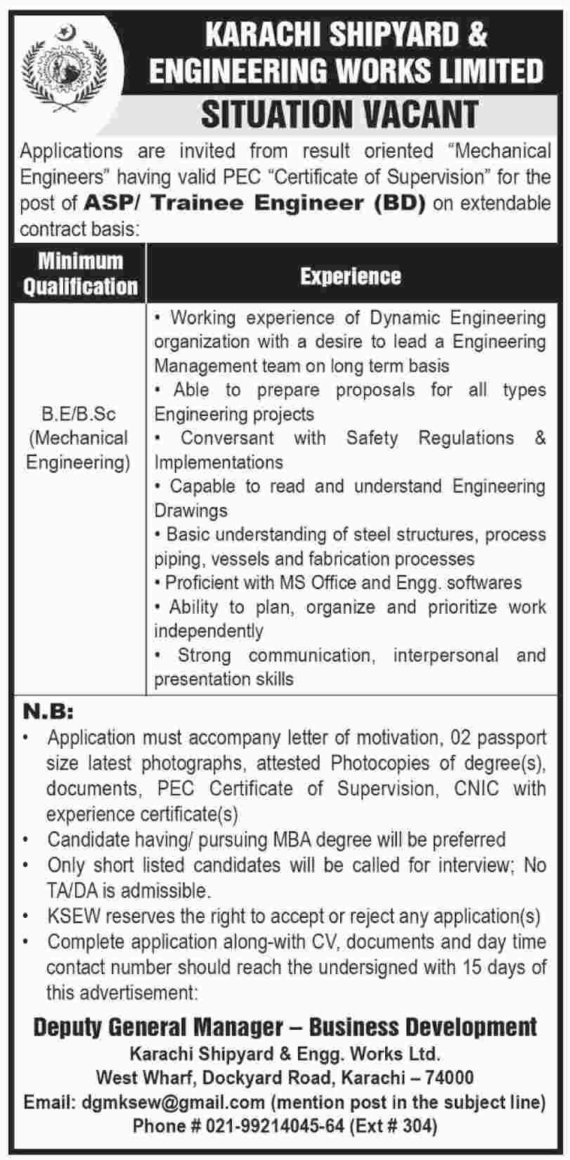 Jobs in Karachi Shipyard & Engineering Works Limited 13 May 2018