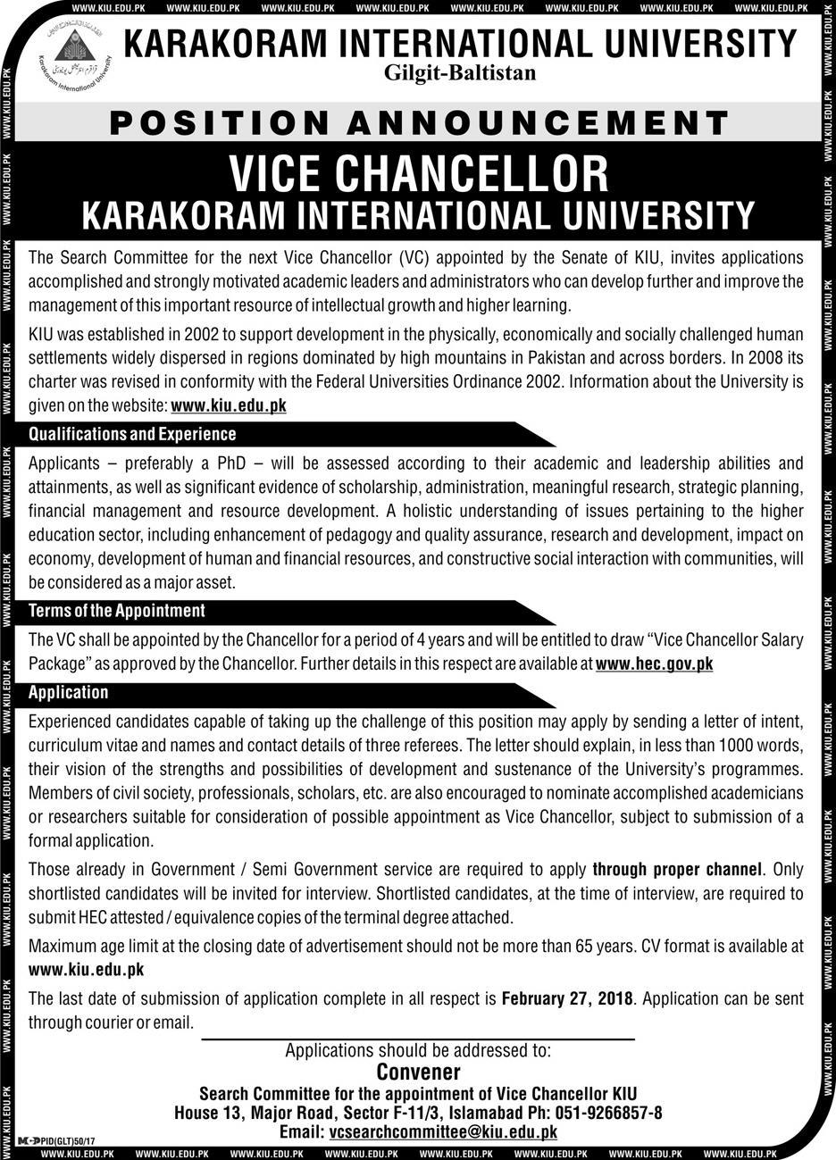 Jobs in Karakoram International University 28 Jan 2018
