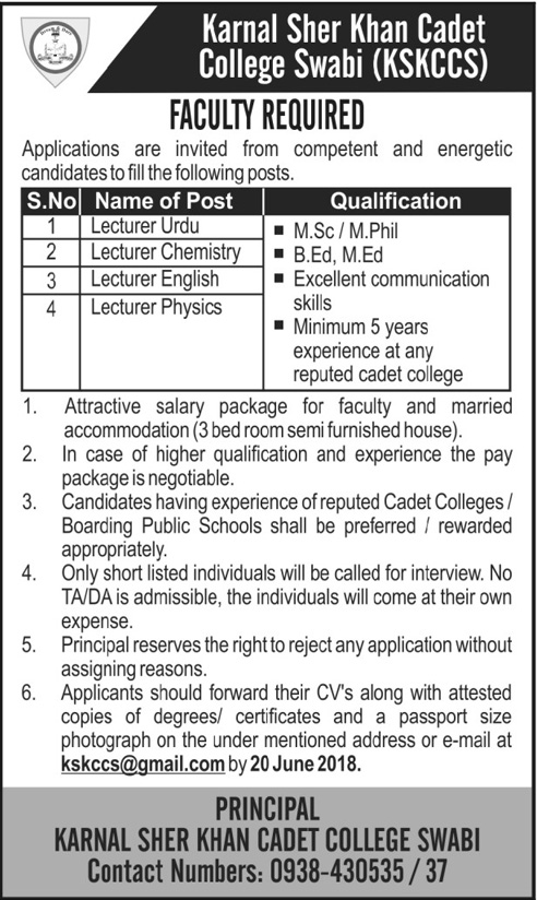 Jobs in Karnel Sher Khan Cadet College Swabi 27 May 2018