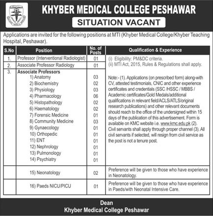Jobs in Khyber Medical College Peshawar 05 June 2018
