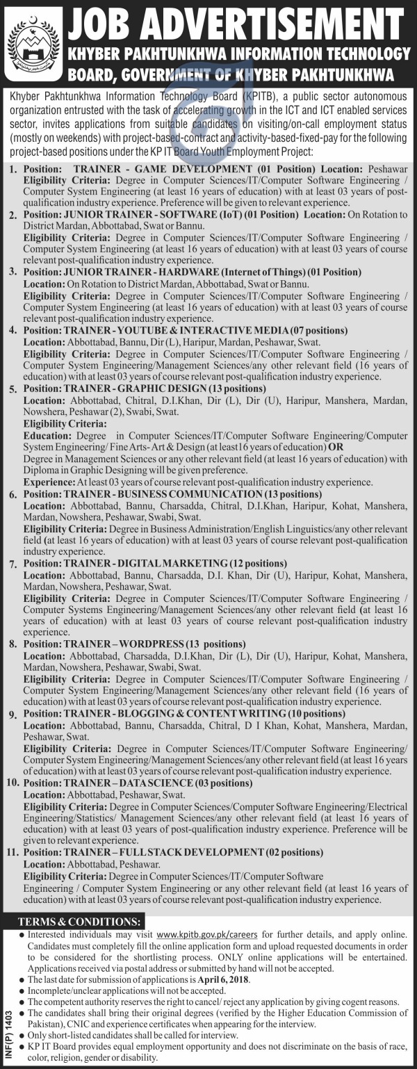 Jobs in Khyber Pakhtunkhwa Information Technology Board 18 March 2018