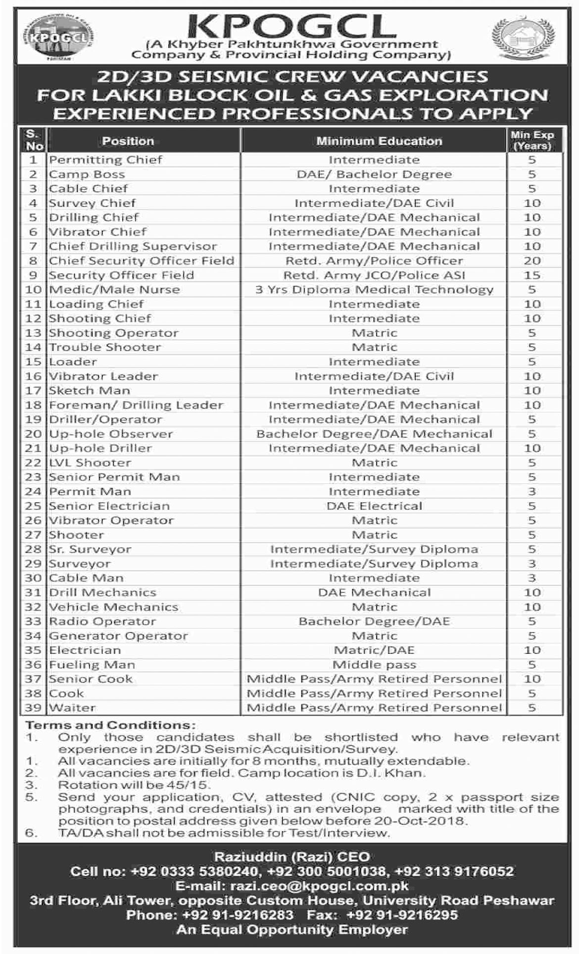 Jobs In Khyber Pakhtunkhwa Oil And Gas Company 04 Oct 2018