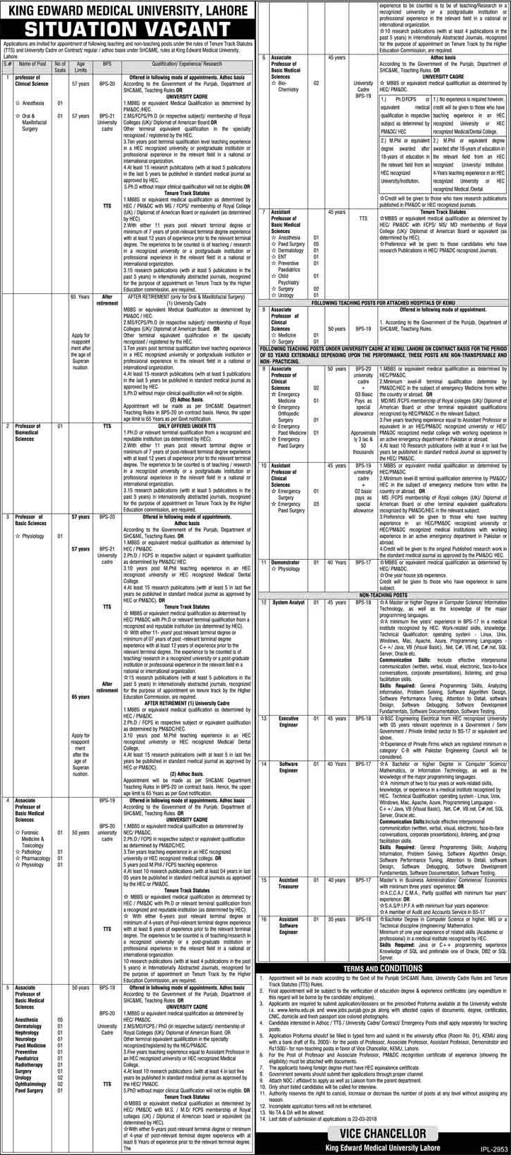 Jobs in King Edward Medical University Lahore 08 March 2018