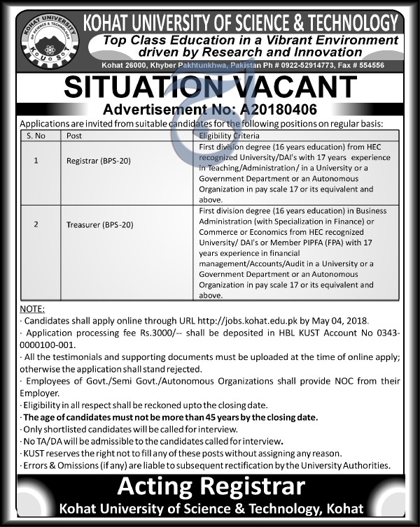 Jobs in Kohat University of Science and Technology 07 April 2018