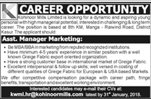 Jobs In Kohinoor Mills Limited 21 Jan 2018