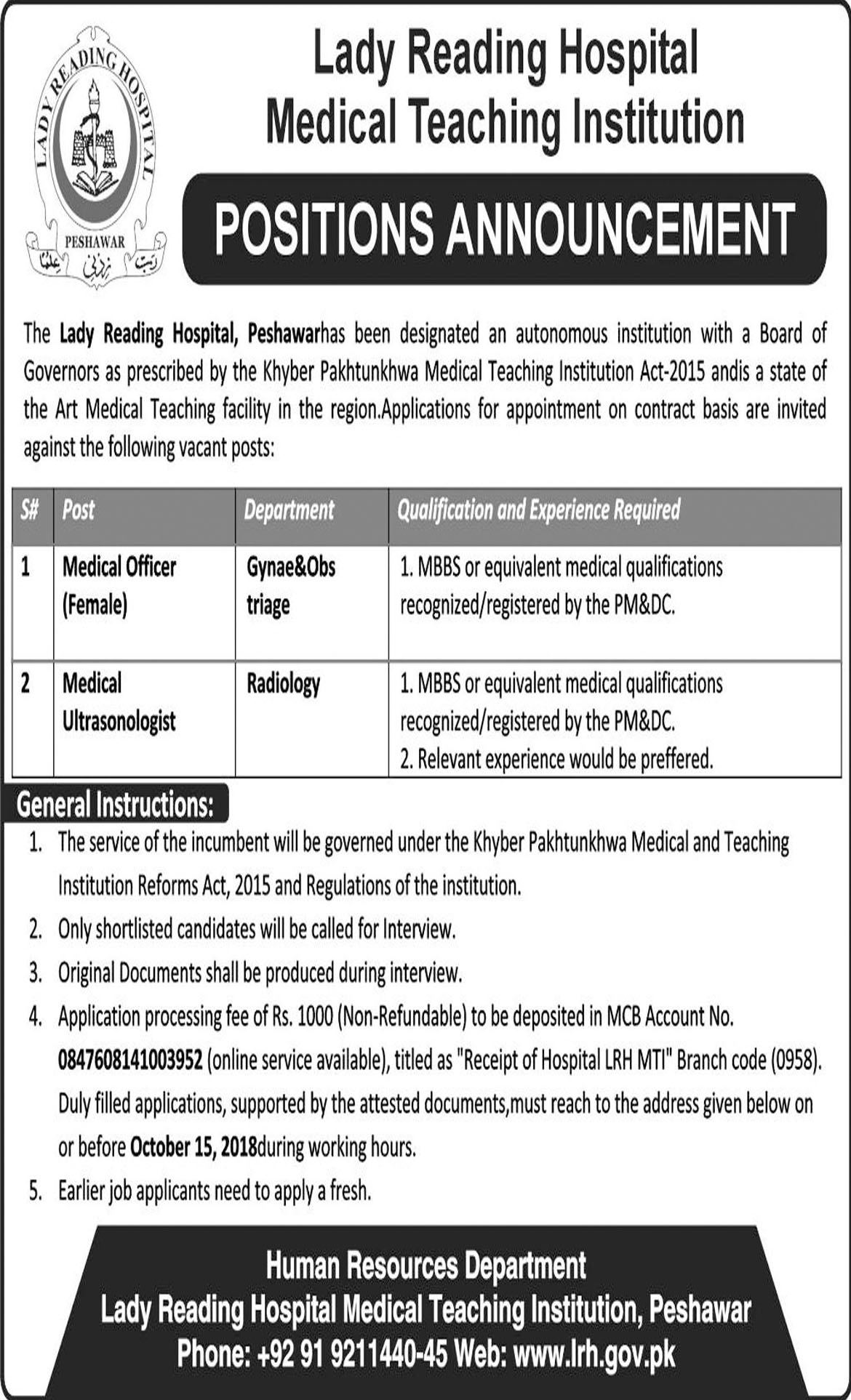 Jobs In Lady Reading Hospital 03 Oct 2018