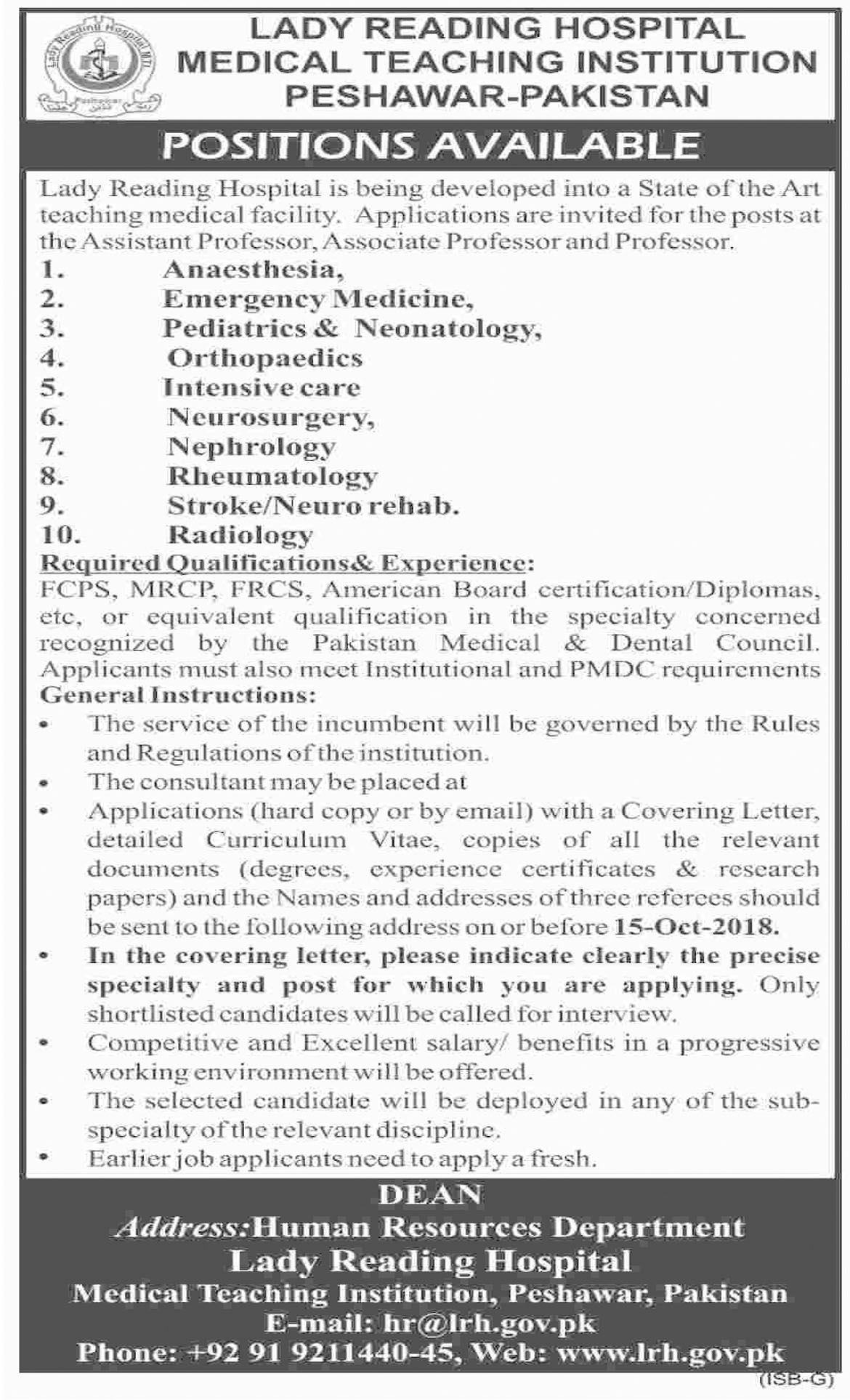 Jobs In Lady Reading Hospital 03 Oct 2018
