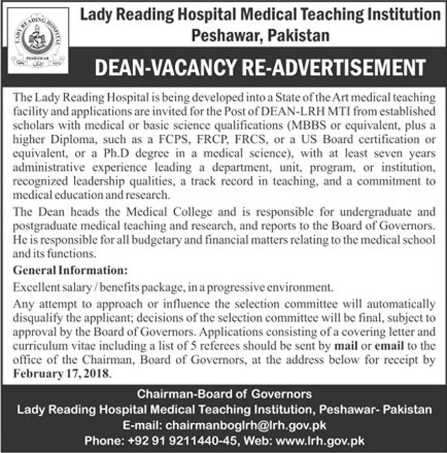 Jobs in Lady Reading Hospital Medical Teaching Institute 30 Jan 2018