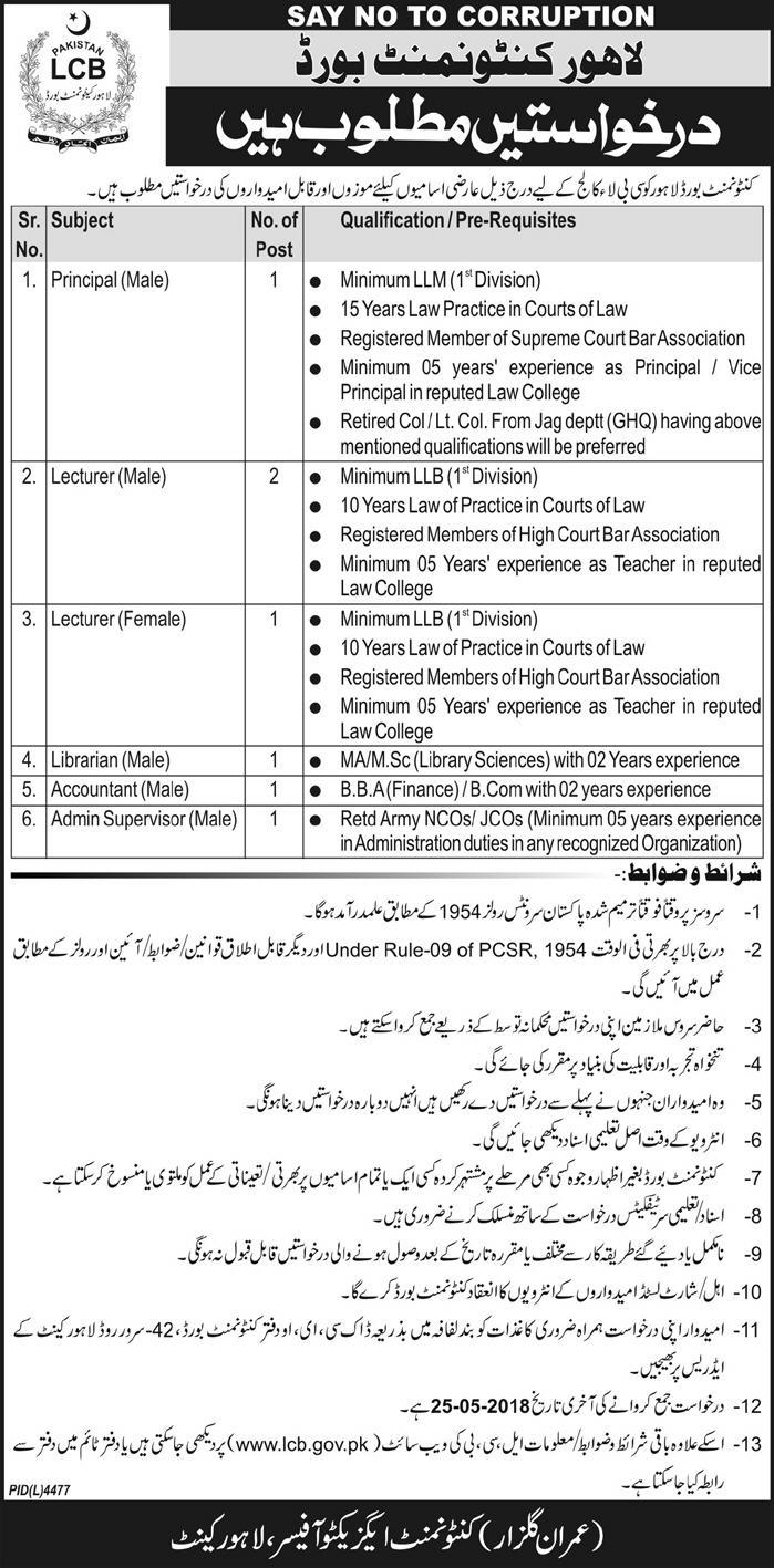 Jobs in Lahore Cantonment Board 09 May 2018