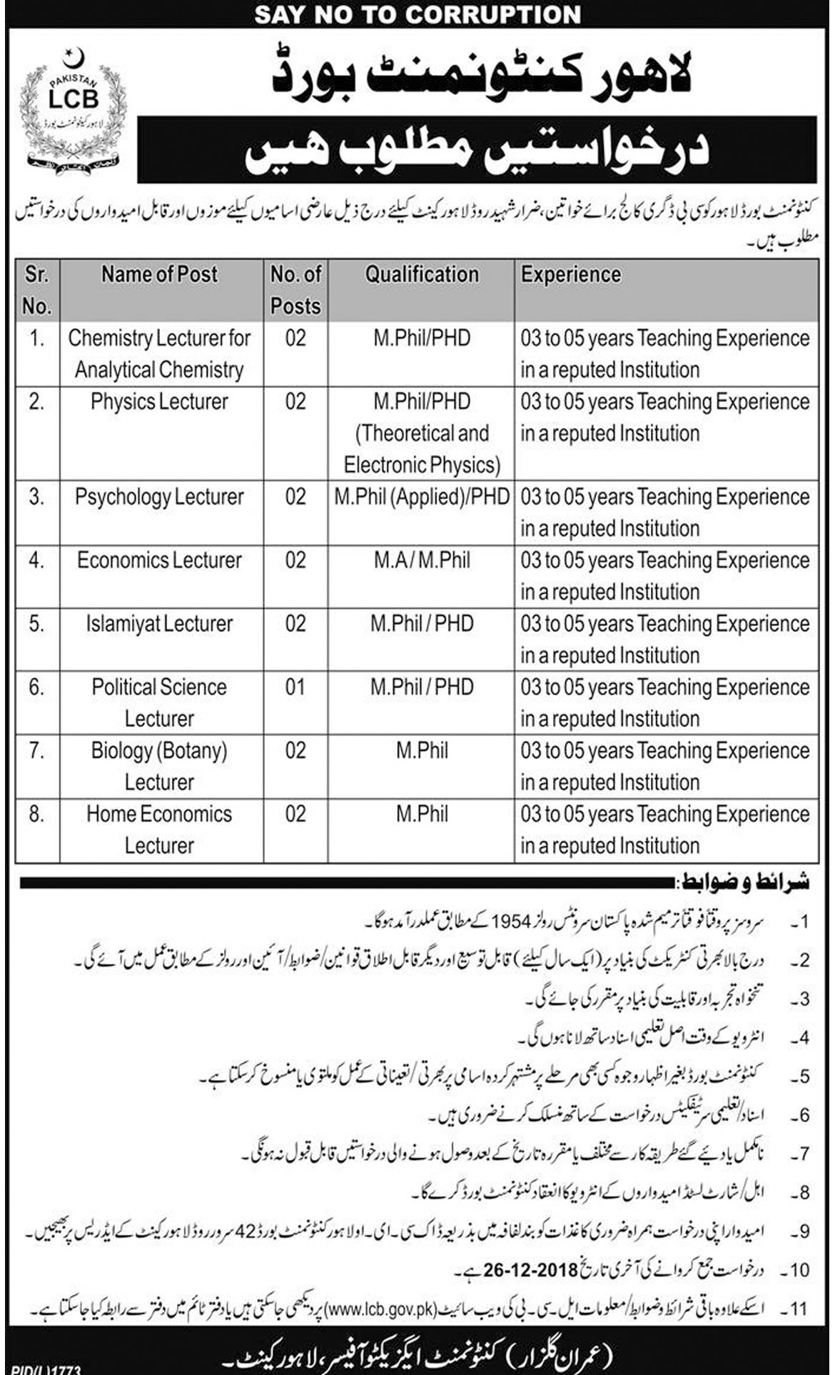 Jobs In Lahore Cantonment Board 12 Dec 2018