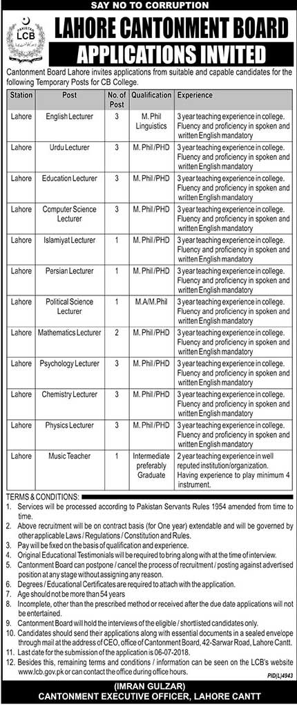 Jobs in Lahore Cantonment Board 22 June 2018