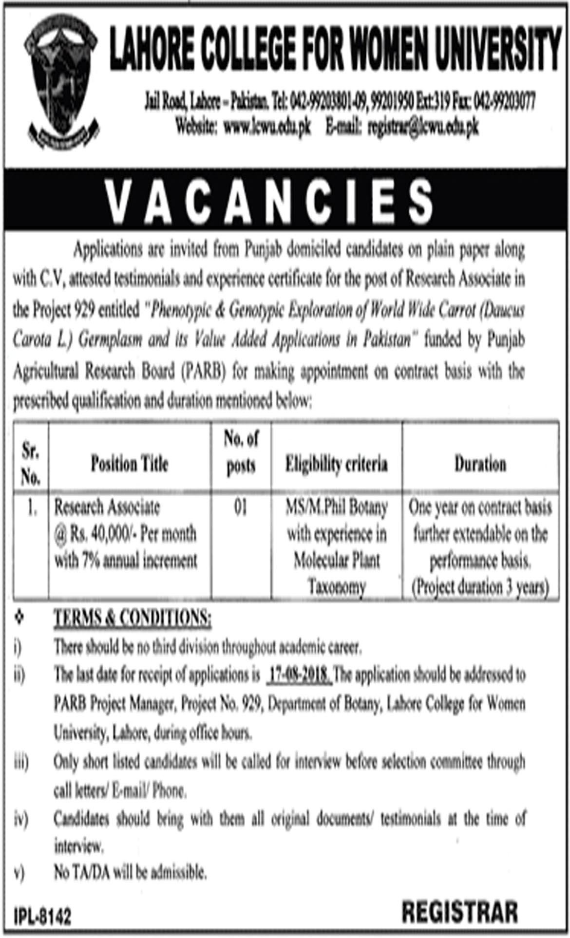 Jobs in Lahore College for Women College In Lahore 11 Aug 2018