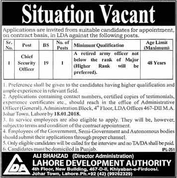 Jobs In Lahore Development Authority 06 Jan 2018