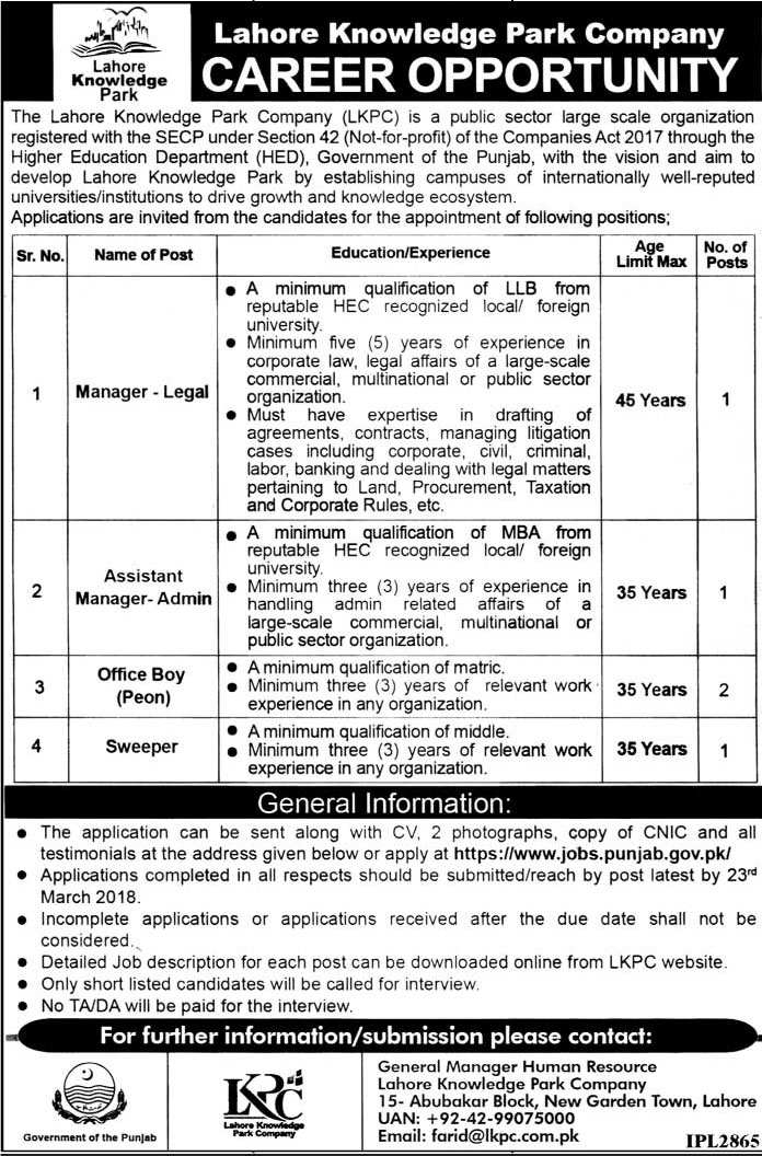 Jobs in Lahore Knowledge Park Company 08 March 2018