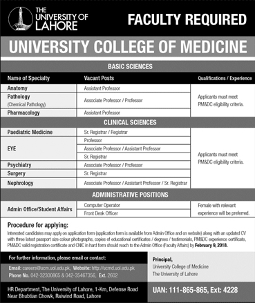 Jobs in Lahore University and College of Medicine 04 Feb 2018