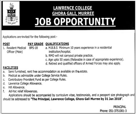 Jobs In Lawrence College Ghora Gali Murree 18 Jan 2018