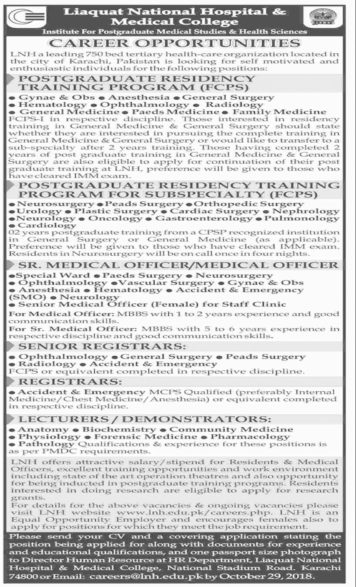 Jobs In Liaquat National Hospital And Medical College 22 Oct 2018