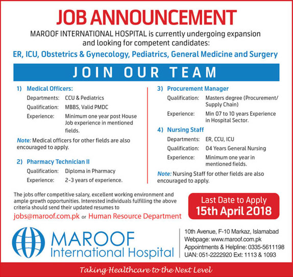 Jobs In Maroof International Hospital 12 Mar 2018
