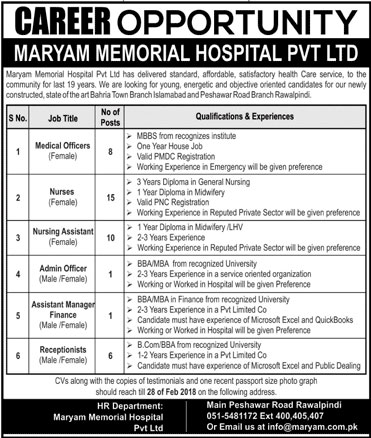 Jobs In Maryam Memorial Hospital 26 Feb 2018