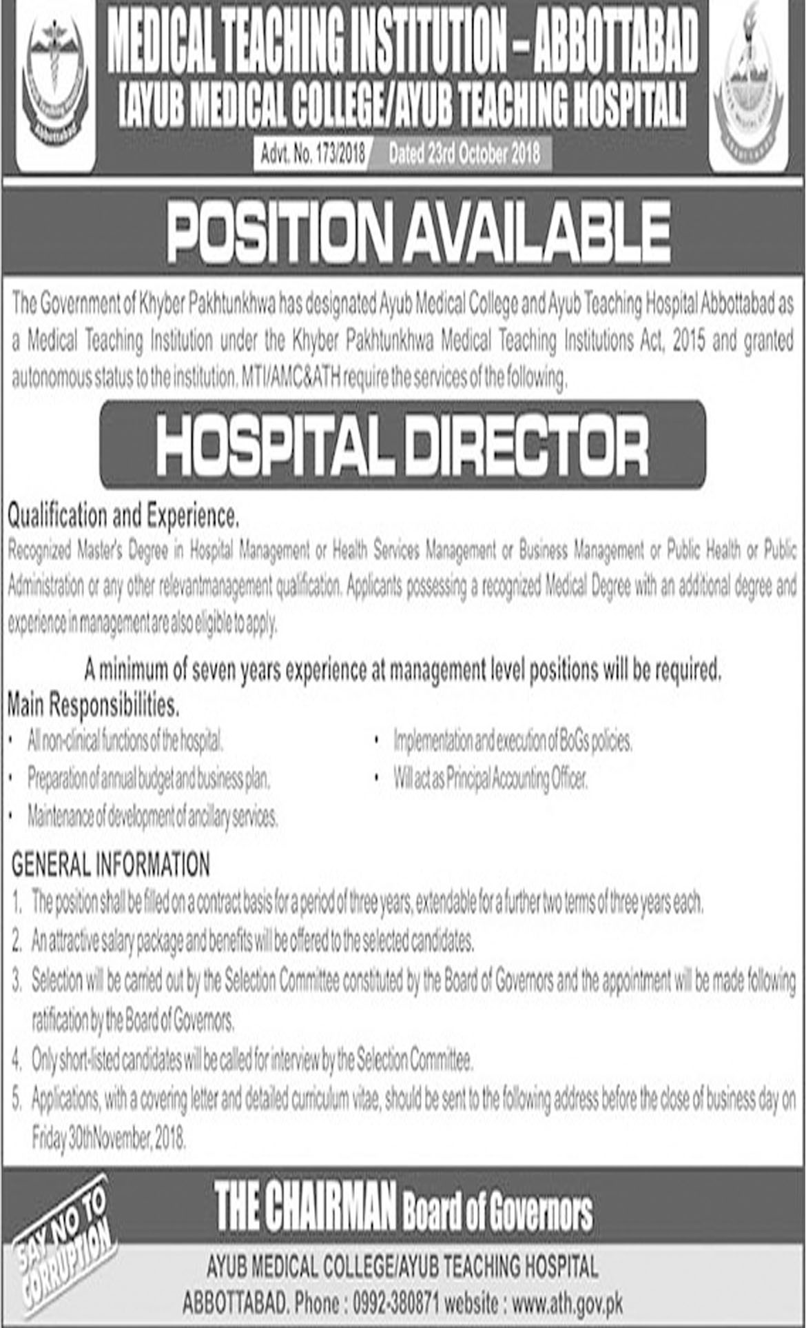 Jobs In Medical Teaching Institution Ayub Medical College 25 Oct 2018