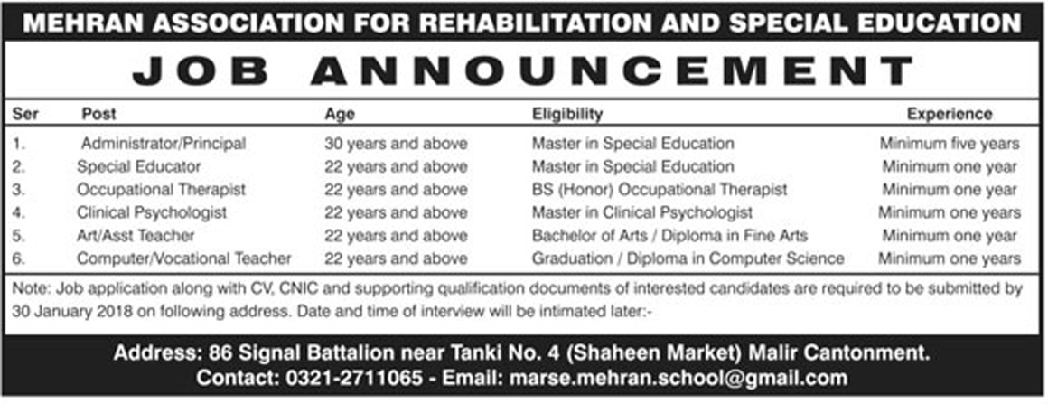 Jobs In Mehran Associate For Rehabilitation And Special Education 26 Jan 2018