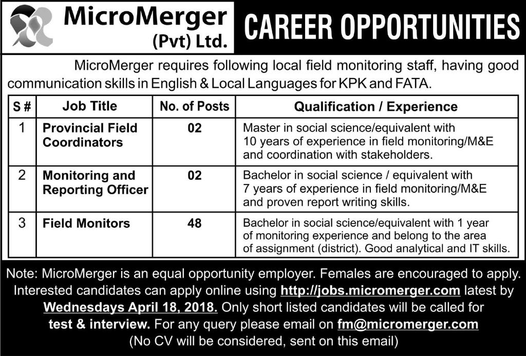 Jobs in Micro Merger Pvt Ltd 13 April 2018