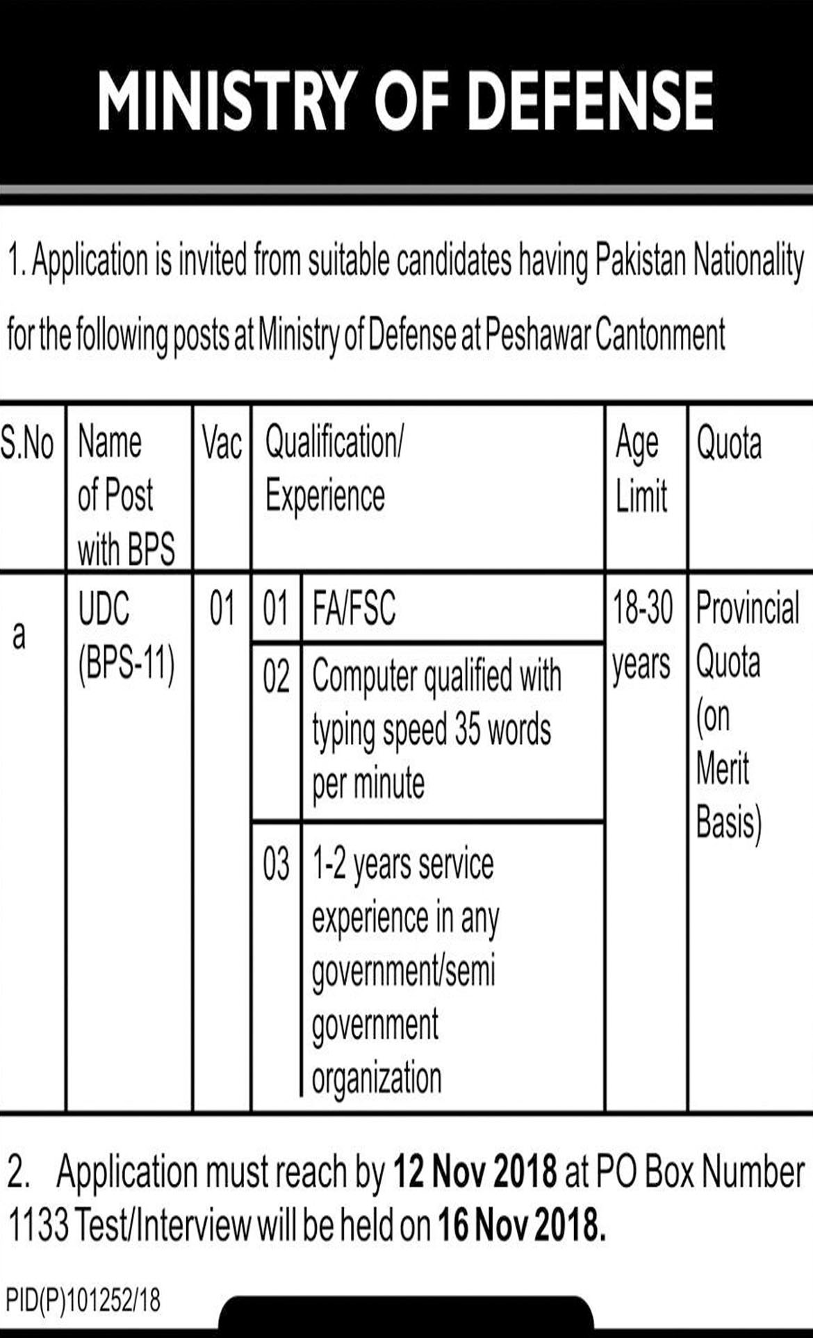 Jobs In Ministry Of Defence Govt Of Pakistan 09 Nov 2018
