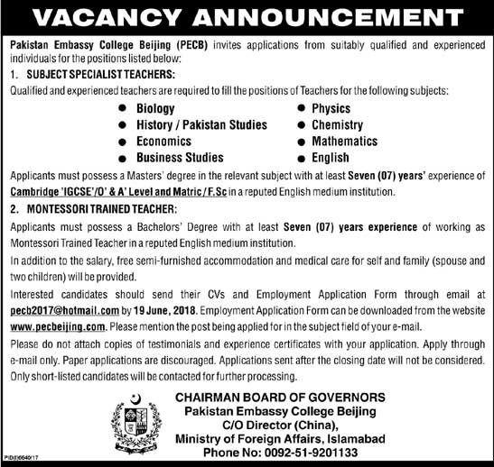 Jobs in Ministry of Foreign Affairs Islamabad 03 June 2018