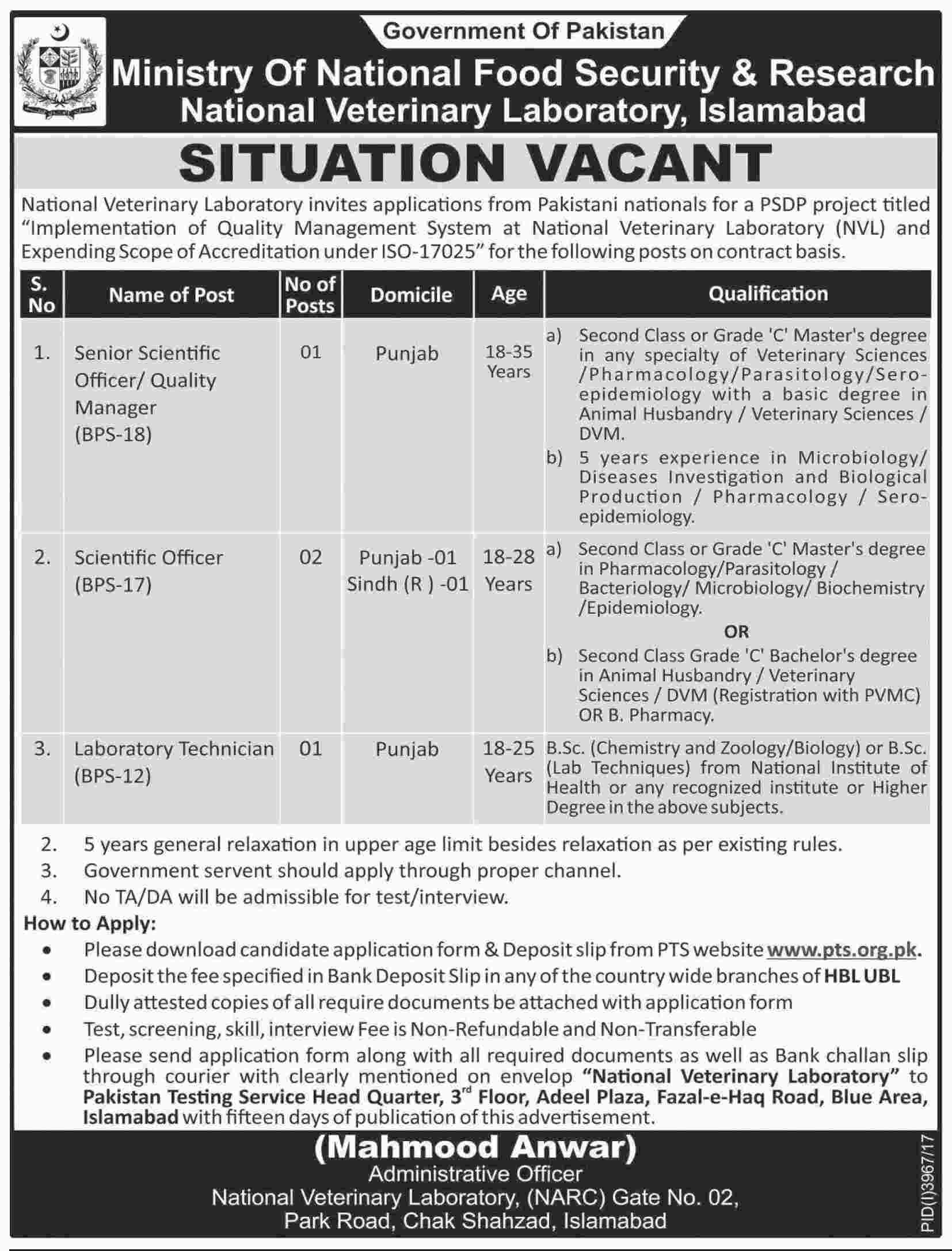 Jobs In Ministry Of National Food Security & Research 25 Jan 2018