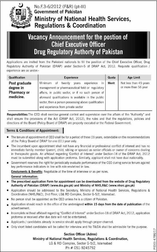 Jobs In Ministry Of National Health Services, Drugs & Coordination 06 Mar 2018