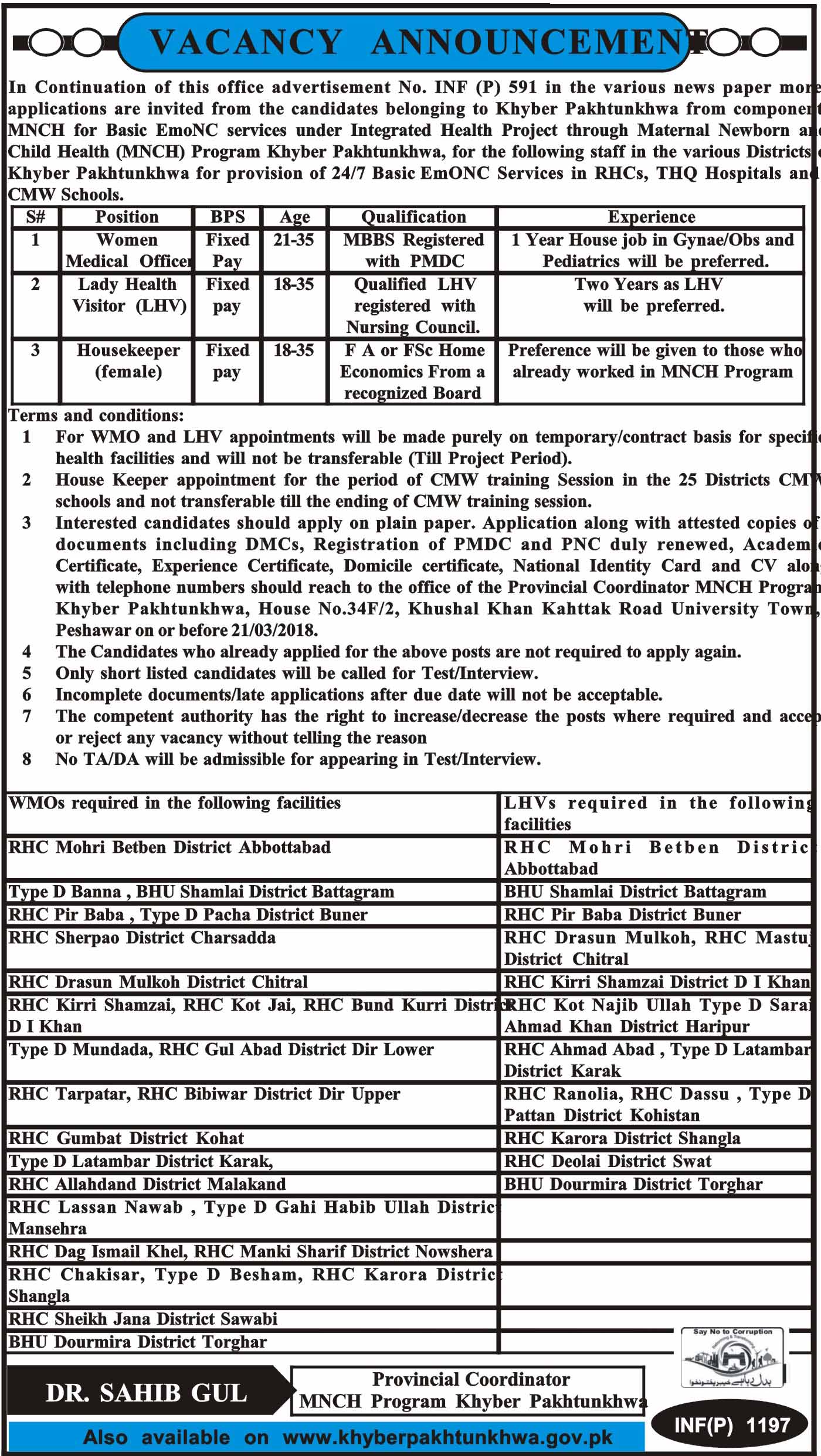 Jobs in MNCH Program Khyber Pakhtunkhwa 12 March 2018