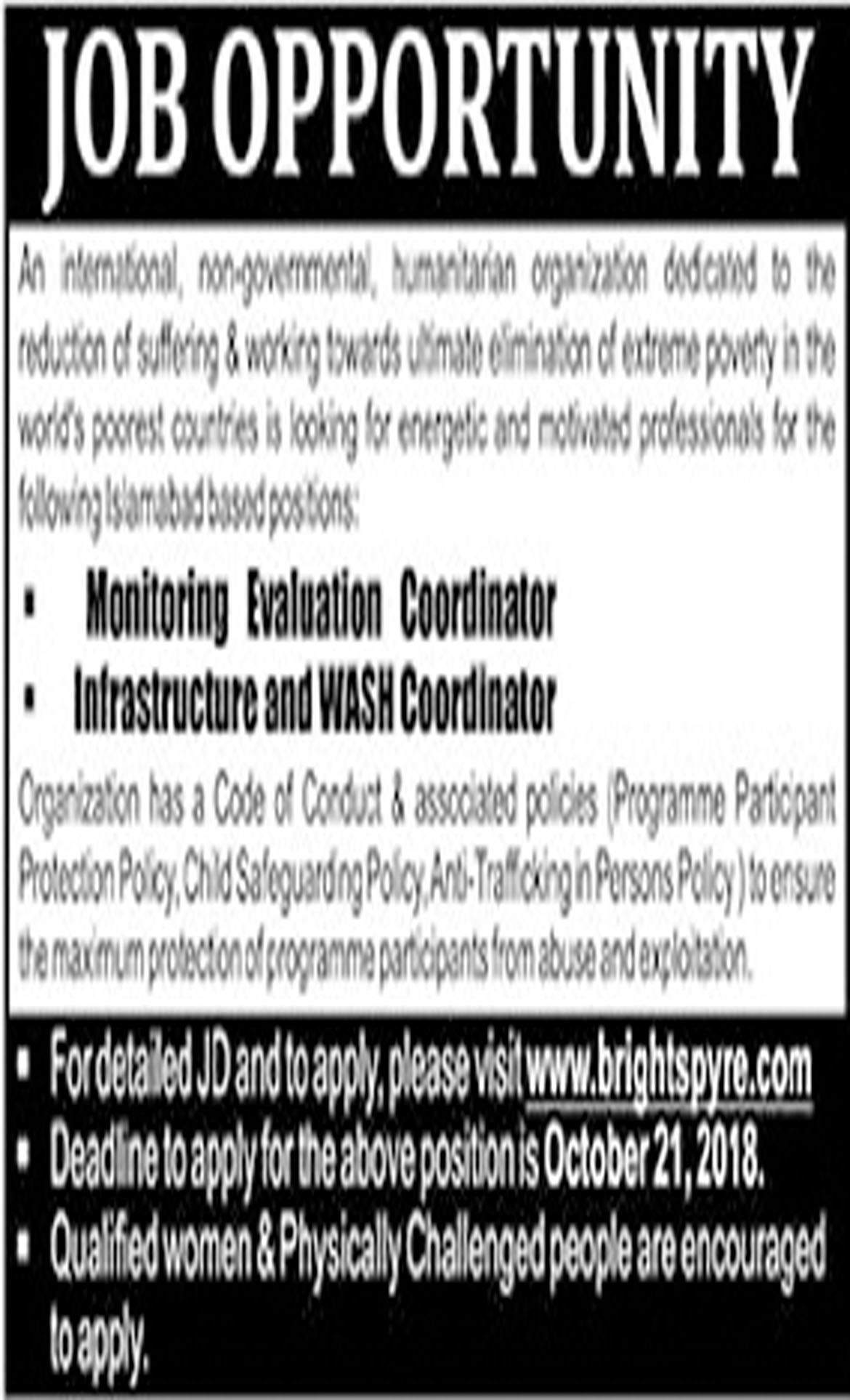 Jobs In Monitoring Evaluation Coordinator, Infrastructure And Wash Coordinator  17 Oct 2018