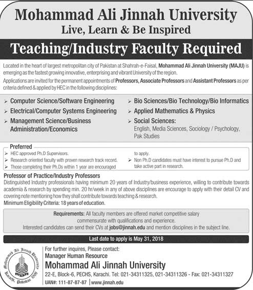 Jobs in Muhammad Ali Jinnah University 29 April 2018